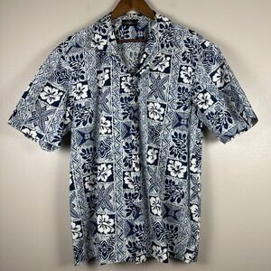 Royal Creations Men XL Button Down Shirt Blue White Floral Hibiscus Aloha Batik